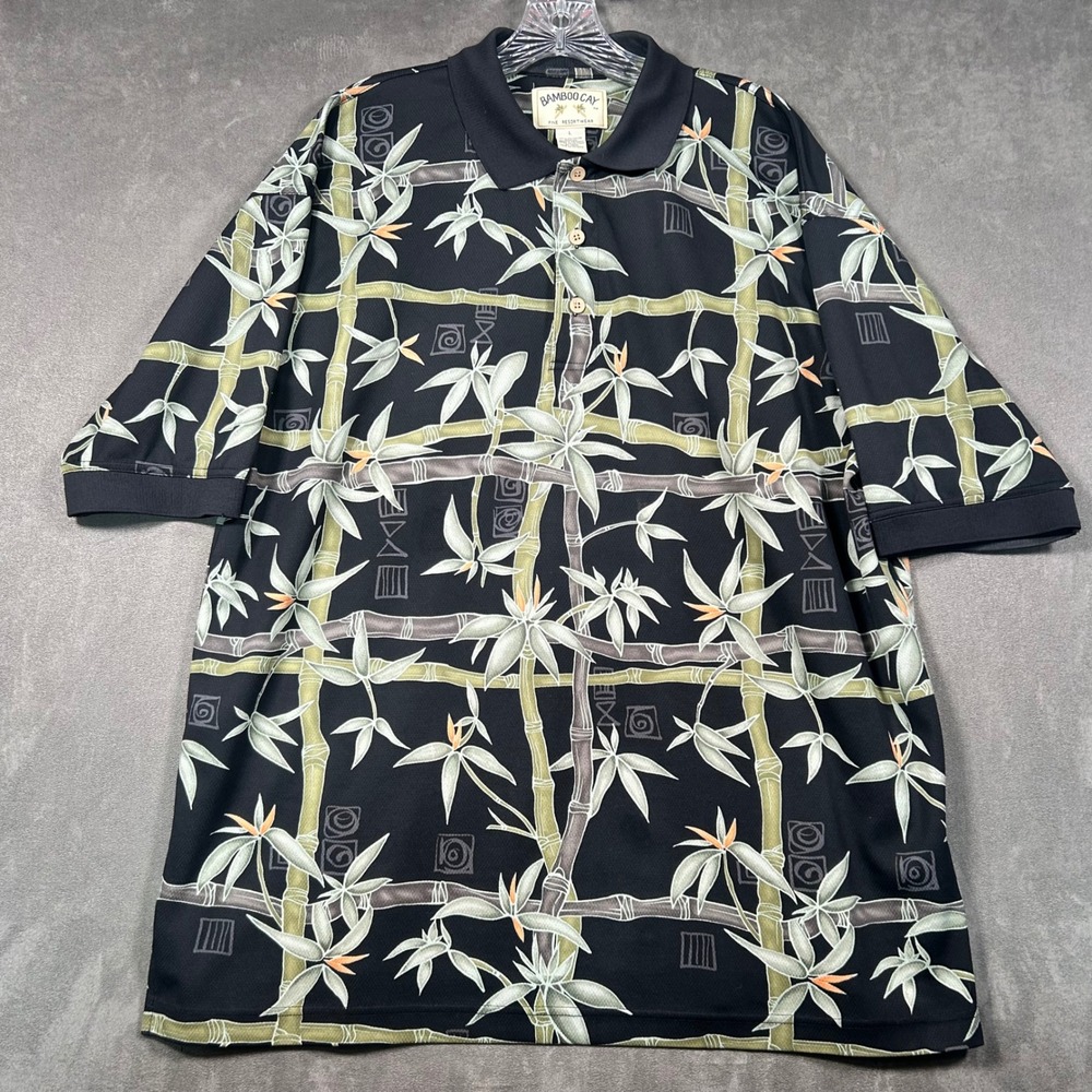 Bamboo Cay Mens Large Black Bamboo Tropical Print Aerocool Resort Polo Shirt